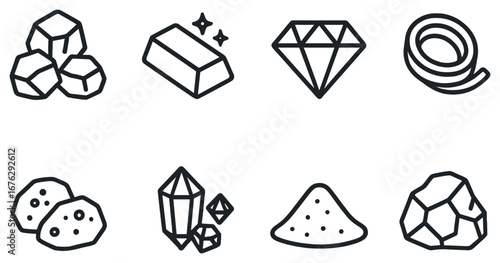 Mining materials linear icon set. featuring gems, ingots, diamond, tape, ores, crystal, powder, boulder