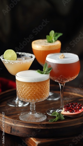 Cocktails Served on a Wooden Tray With Fresh Garnishes and Colorful Variation...