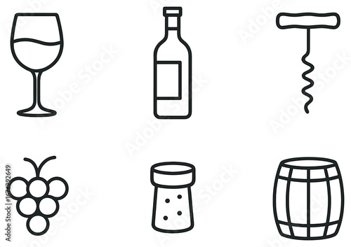 Wine festival linear icon set. featuring glass, bottle, corkscrew, grape, cork, barrel symbols.