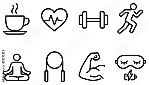 Health and fitness linear icon set. featuring coffee, heart, dumbbell, running, yoga, jump rope, muscle, sleep mask