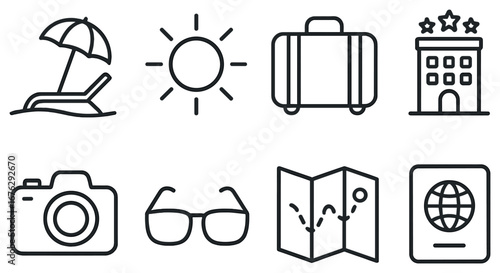 Travel and vacation linear icon set. featuring beach, sun, suitcase, hotel, camera, sunglasses, map, passport
