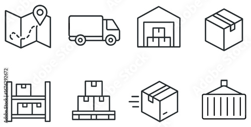 Logistics and shipping linear icon set. featuring map, truck, warehouse, box, pallet, and container icons