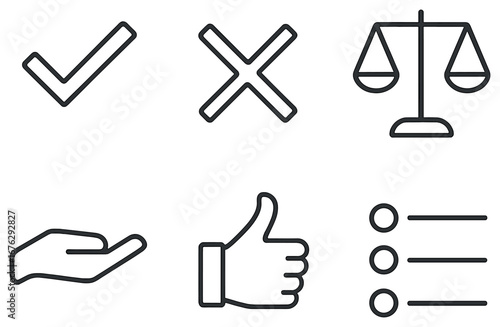 Office essentials linear icon set. featuring checkmark, cross, scales, hand, thumbs up, list