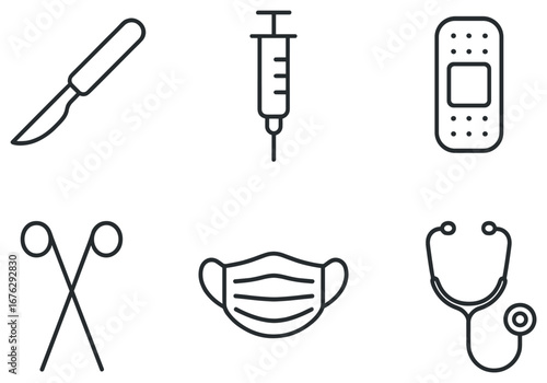 Medical linear icon set. featuring scalpel, syringe, bandage, forceps, mask, and stethoscope symbols