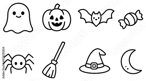 Halloween themed flat icon set. featuring ghost, pumpkin, bat, candy, spider, broom, witch hat, moon icons