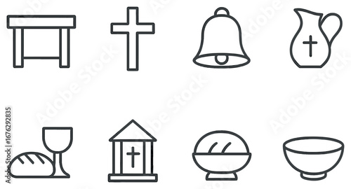 Church and worship linear icon set. featuring altar, cross, bell, water jug, bread, chalice, church, bowl