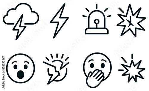 Weather alert and emotion flat icon set. featuring storm, lightning, alarm, shock, surprise, and fear symbols