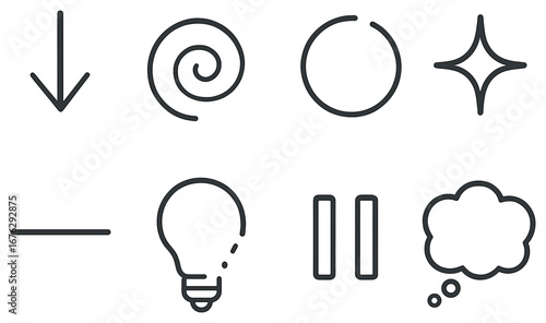 Abstract elements linear icon set. featuring star, light bulb, pause, cloud, circle, spiral, and arrow icons