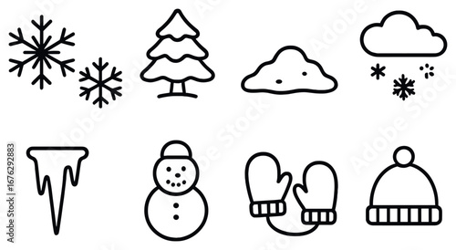 Winter linear icon set. featuring snowflake, evergreen, cloud, snowfall, icicle, snowman, mittens, beanie