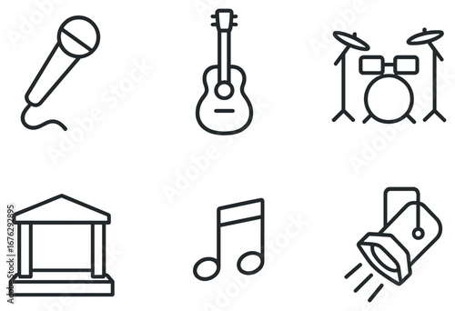 Music and performance linear icon set. featuring microphone, guitar, drums, theater, note, spotlight symbols