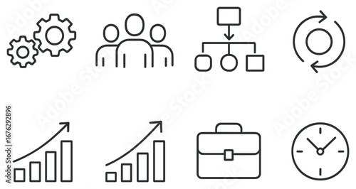 Business strategy linear icon set. featuring gears, people, hierarchy, workflow, growth, portfolio, clock symbols
