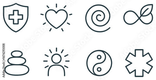 Health and wellness linear icon set. featuring shield, heart, spiral, infinity, stones, meditation, yin-yang, and asterisk symbols