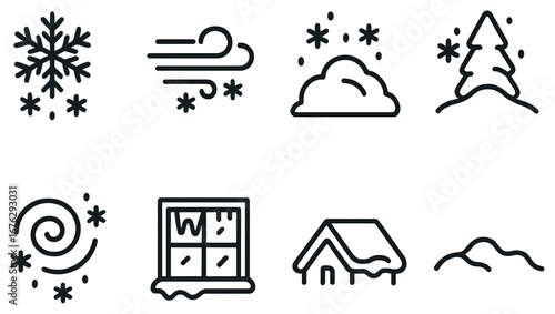 Winter weather linear icon set. featuring snowflake, wind, snowpile, tree, swirl, window, rooftop, hills