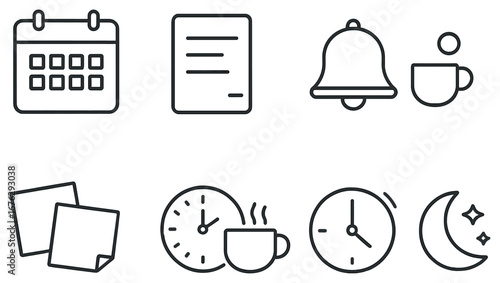 Office and productivity linear icon set. calendar, document, notification, coffee, clock, night.