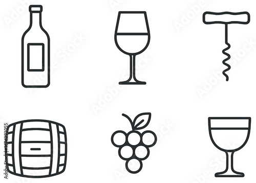 Wine-themed linear icon set. featuring bottle, glass, corkscrew, barrel, grapes, and goblet symbols