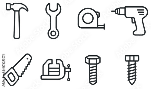 Tools linear icon set. featuring hammer, wrench, tape measure, drill, saw, clamp, bolt