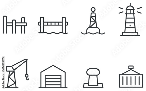 Marine and harbor linear icon set. featuring dock, bridge, buoy, lighthouse, crane, warehouse, bollard, container