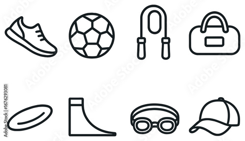 Sports equipment linear icon set. featuring shoes, ball, jump rope, bag, frisbee, ramp, goggles, cap