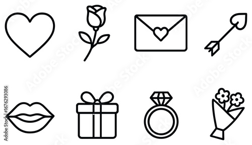 Romantic linear icon set. featuring heart, rose, love letter, cupid's arrow, lips, gift, ring, and flowers symbols