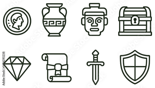 Antique artifacts linear icon set. featuring coin, vase, mask, chest, diamond, scroll, sword, and shield