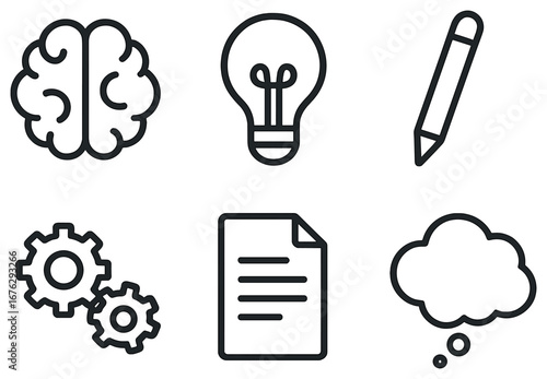 Business tools linear icon set. featuring brain, light bulb, pencil, gears, document, thought cloud