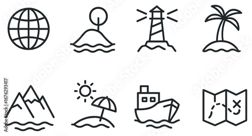 Travel and nature linear icon set. featuring globe, island, lighthouse, palm, mountain, beach, ship, and map symbols