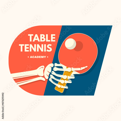 Table tennis badge, emblem with skull hand hold ping pong racket. Vector. For table tennis logotype templates and badges. Place to promote health and friendship