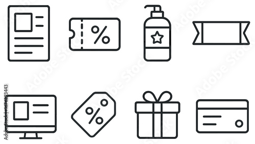 Shopping and discount linear icon set. featuring card, tag, ticket, package, soap, and gift symbols