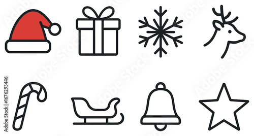 Christmas linear icon set. featuring santa hat, gift, snowflake, reindeer, candy cane, sleigh, bell, and star