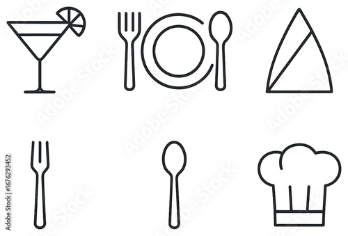 Restaurant dining neon icon set. featuring cocktail, cutlery, napkin, fork, spoon, and chef hat