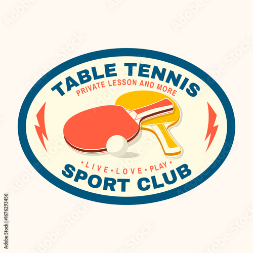 Table tennis sport club patch, badge, emblem with ping pong rackets. Vector. For table tennis and ping pong logotype templates and sticker.