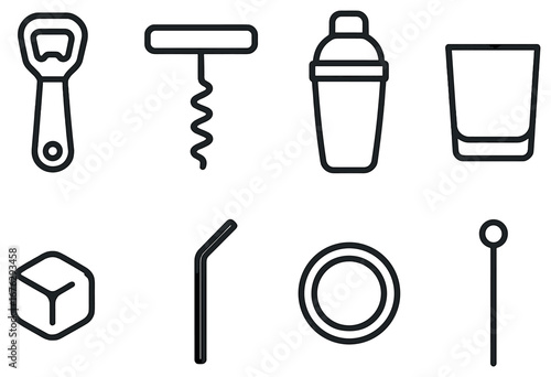 Bar tools linear icon set. featuring corkscrew, bottle opener, shaker, shot glass, ice cube, straw, coaster, stirrer symbols