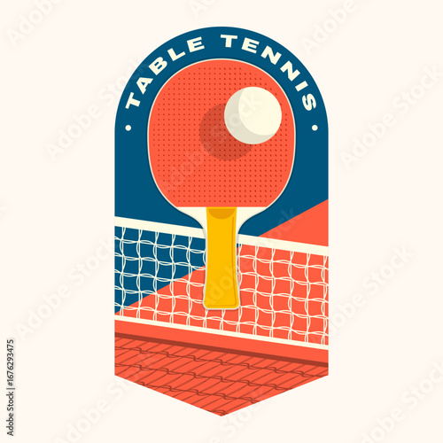 Table tennis badge, emblem with ping pong racket. Vector. For table tennis and ping pong logotype templates and sticker. Ball with net and table tennis