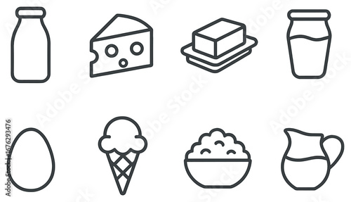 Dairy products linear icon set. featuring milk, cheese, butter, yogurt, egg, ice cream, cereal, and creamer symbols