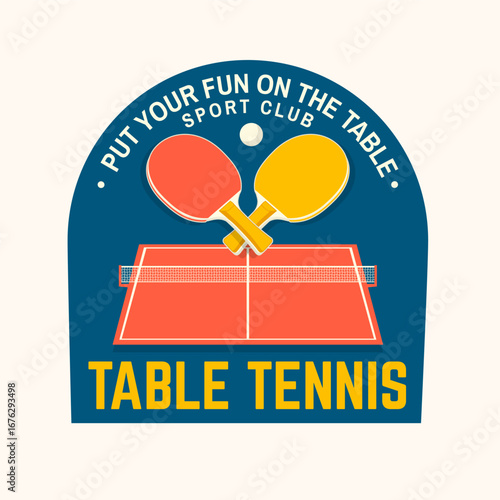 Table tennis badge, emblem with ping pong racket. Vector. For table tennis logotype templates and badges. Ball with net and table tennis