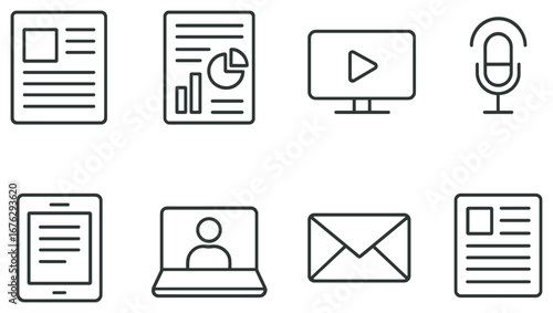 Business and media linear icon set. featuring report, chart, video, microphone, tablet, laptop, email, document icons