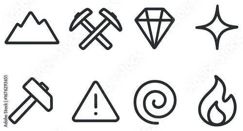 Mining and exploration linear icon set. featuring mountain, tools, gem, star, hammer, caution, spiral, flame