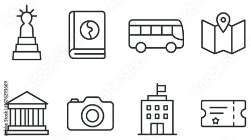 Travel and tourism linear icon set. featuring landmark, guidebook, bus, map, museum, camera, hotel, ticket