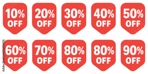 Discount badges 3d icon set. featuring 10%, 20%, 30%, 40%, 50%, 60%, 70%, 80%, 90% off symbols