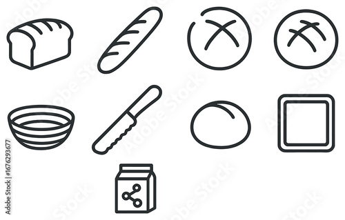 Bakery items flat icon set. featuring bread, baguette, dough, bowl, knife, milk box, and butter