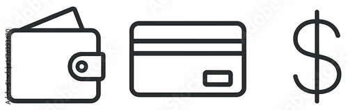 Finance linear icon set. featuring wallet, credit card, and dollar sign symbols