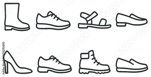 Footwear linear icon set. featuring boots, sneakers, sandals, loafers, heels, brogues, hiking boots, moccasins