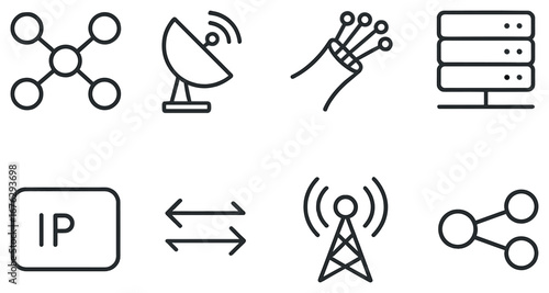 Technology linear icon set. featuring network, satellite, fiber optic, server, ip, connection, antenna, and share icons