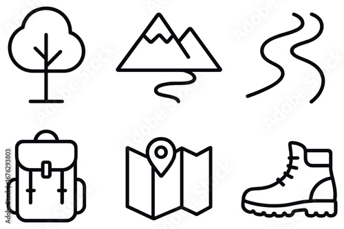 Outdoor adventure linear icon set. featuring tree, mountain, trail, backpack, map, boot