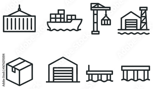 Shipping and logistics linear icon set. featuring container, ship, crane, warehouse, box, dock symbols