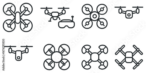 Drone technology linear icon set. featuring quadcopter, remote control, vr headset, delivery, and surveillance symbols