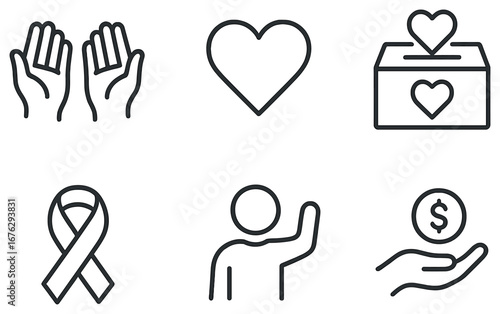 Charity linear icon set. featuring giving, heart, donation box, ribbon, volunteer, fundraising symbols
