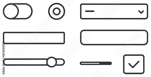 User interface linear icon set. featuring toggle switch, slider, checkbox, dropdown, and progress bar