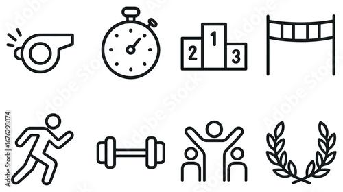 Sports competition linear icon set. featuring whistle, stopwatch, podium, hurdle, runner, dumbbell, group, laurel