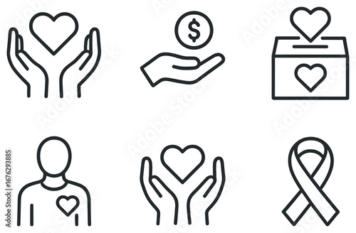 Charity and donation linear icon set. featuring hands, heart, donation box, person, ribbon symbols